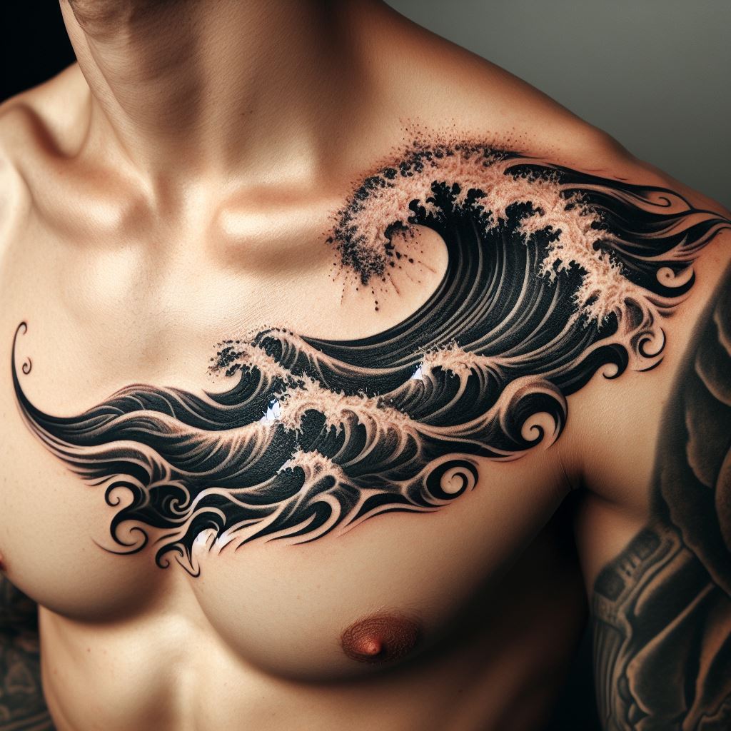 A small, flowing tattoo of ocean waves from a man's chest to his shoulder, embodying the strength and vastness of the sea.