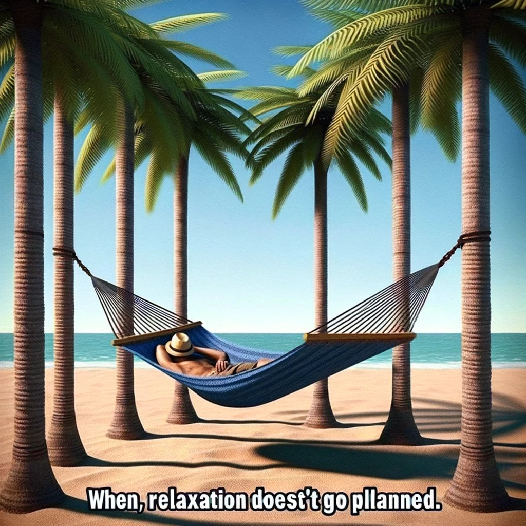 A person relaxing in a hammock between two palm trees, but the hammock is too low and touches the ground. The caption reads, "When relaxation doesn't go as planned."