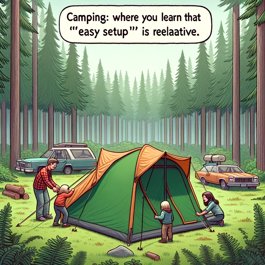 A family trying to set up a tent at a campsite, but the tent is upside down. The forest is lush and green around them. The caption reads, "Camping: where you learn that 'easy setup' is relative."