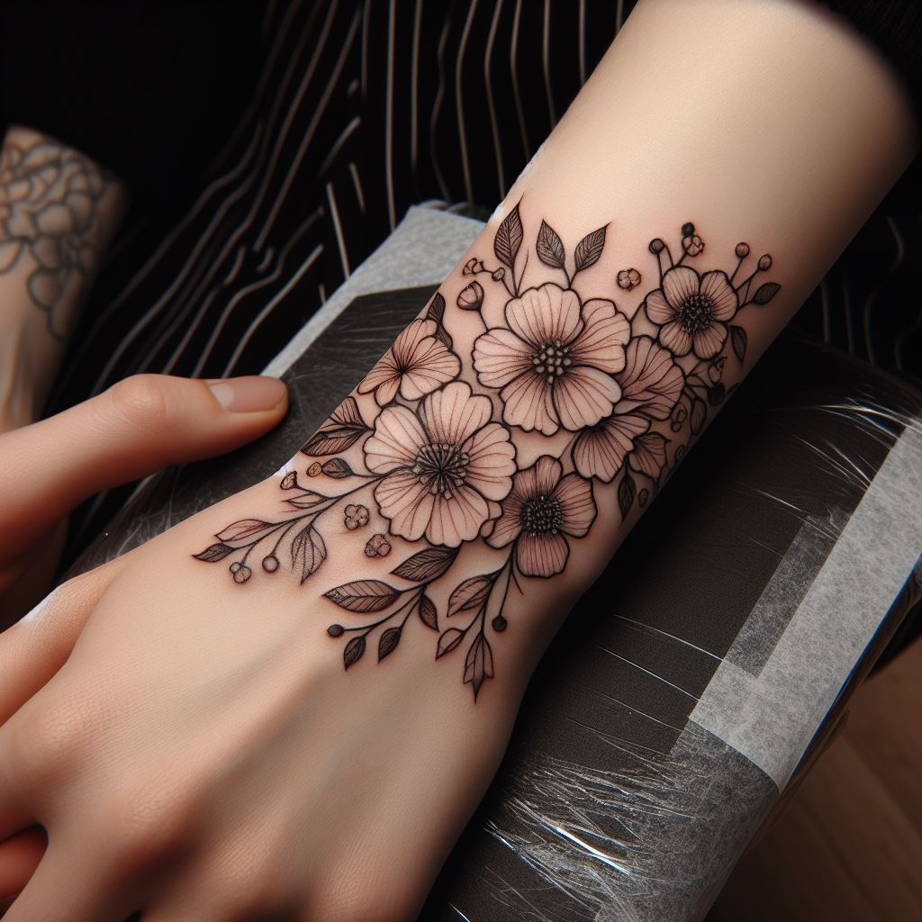 A delicate floral tattoo wrapping around the wrist, featuring fine-line blossoms and leaves.