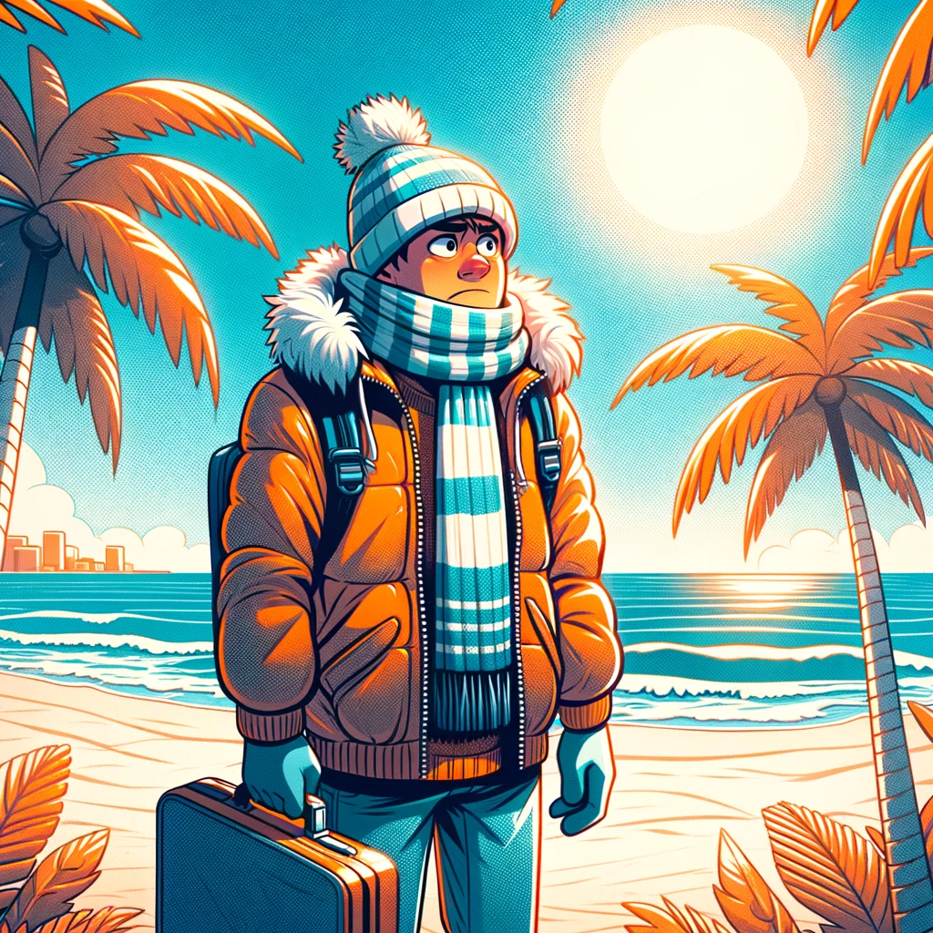 A person standing on a beach, wearing winter clothes and looking confused, with palm trees and sun in the background. The caption reads, "When you pack for the wrong season."