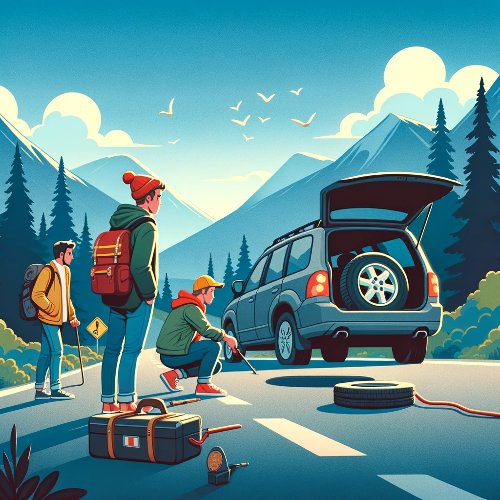 A group of friends taking a road trip, but the car has a flat tire in a remote area. The landscape is beautiful, but their faces show frustration. The caption reads, "Road trips: It's not about the destination, but the unexpected stops."