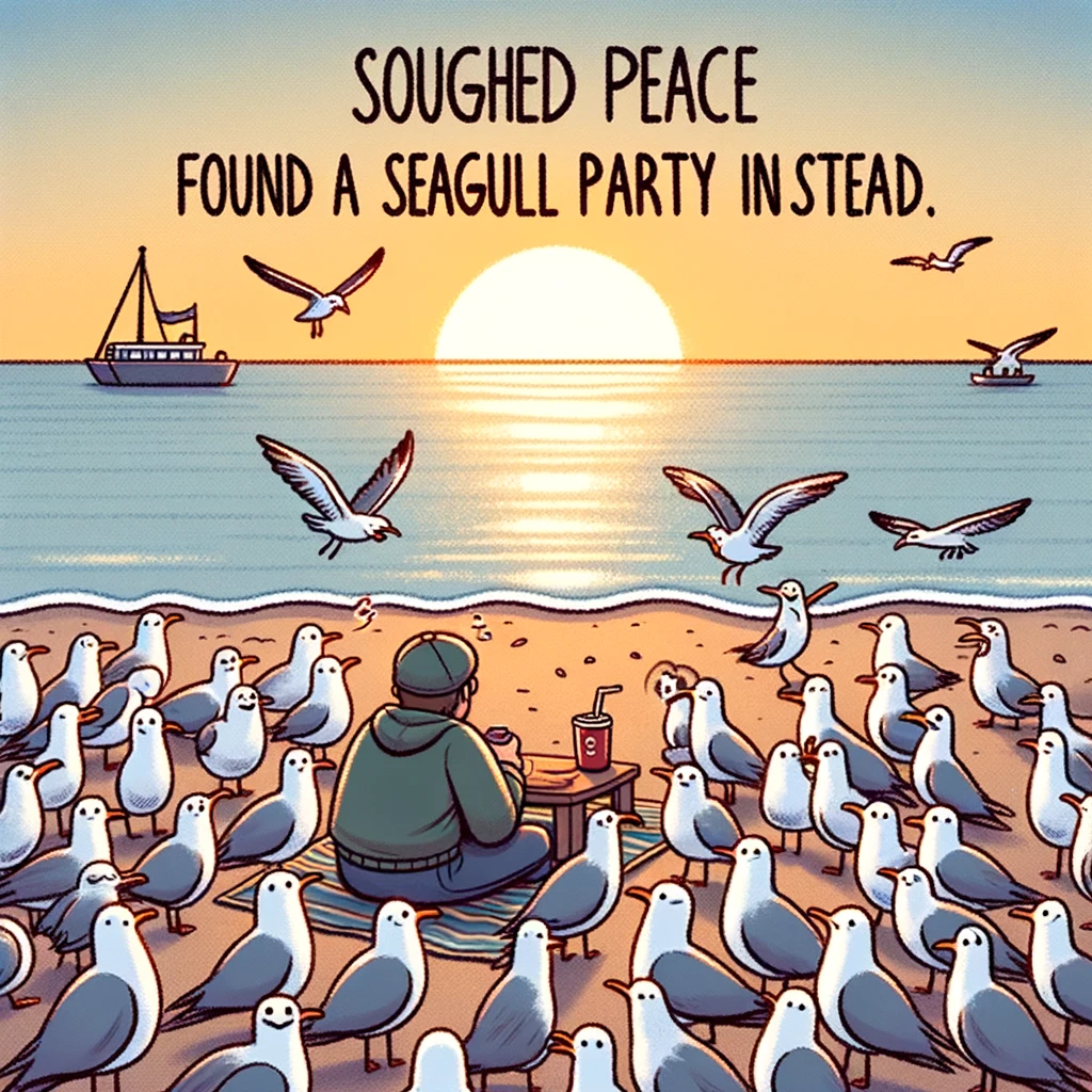 A person trying to enjoy a peaceful sunrise on the beach, but surrounded by noisy seagulls. The sun is just peeking over the horizon. The caption reads, "Sought peace, found a seagull party instead."