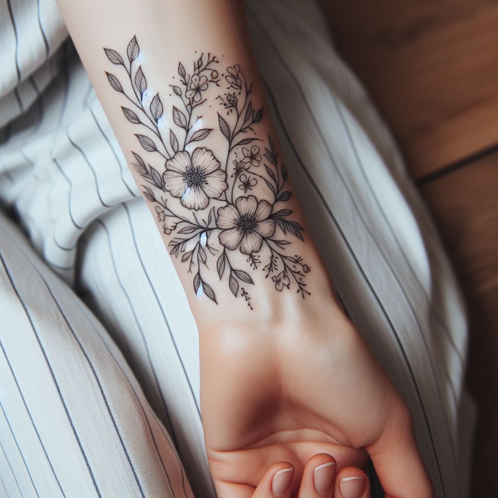 A delicate floral tattoo wrapping around the wrist, featuring fine-line blossoms and leaves.