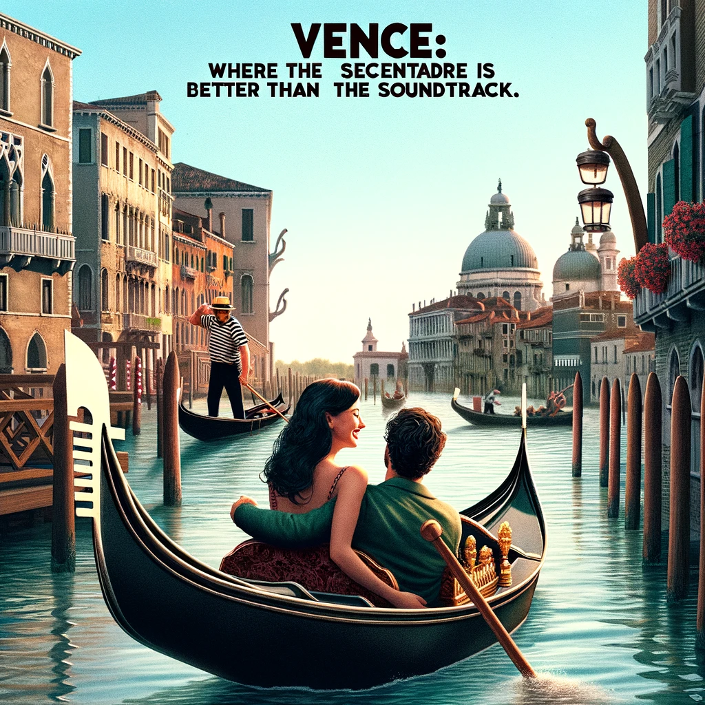 A couple on a romantic gondola ride in Venice, but the gondolier is singing off-key. The canals and historic buildings provide a beautiful backdrop. The caption reads, "Venice: Where the scenery is better than the soundtrack."