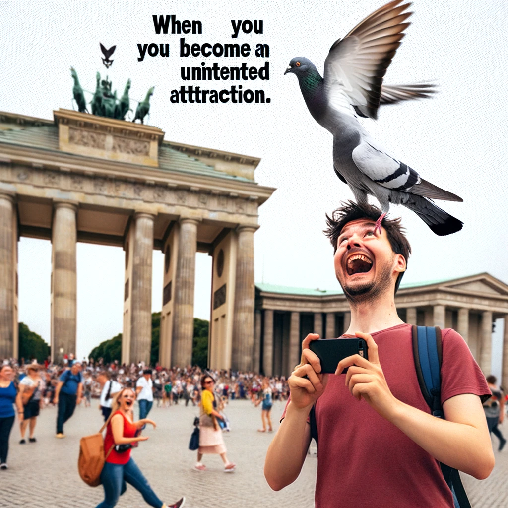 A tourist at a famous monument, excitedly posing for a picture, but a pigeon lands on their head at the exact moment. The historic site is visible in the background. The caption reads, "When you become an unintended attraction."