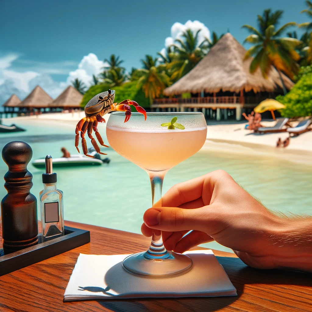 A traveler attempting to take a sip of a fancy cocktail at a tropical resort, but a small crab has climbed onto the rim of the glass. The beach and palm trees are in the background. The caption reads, "When the locals want to join your happy hour."