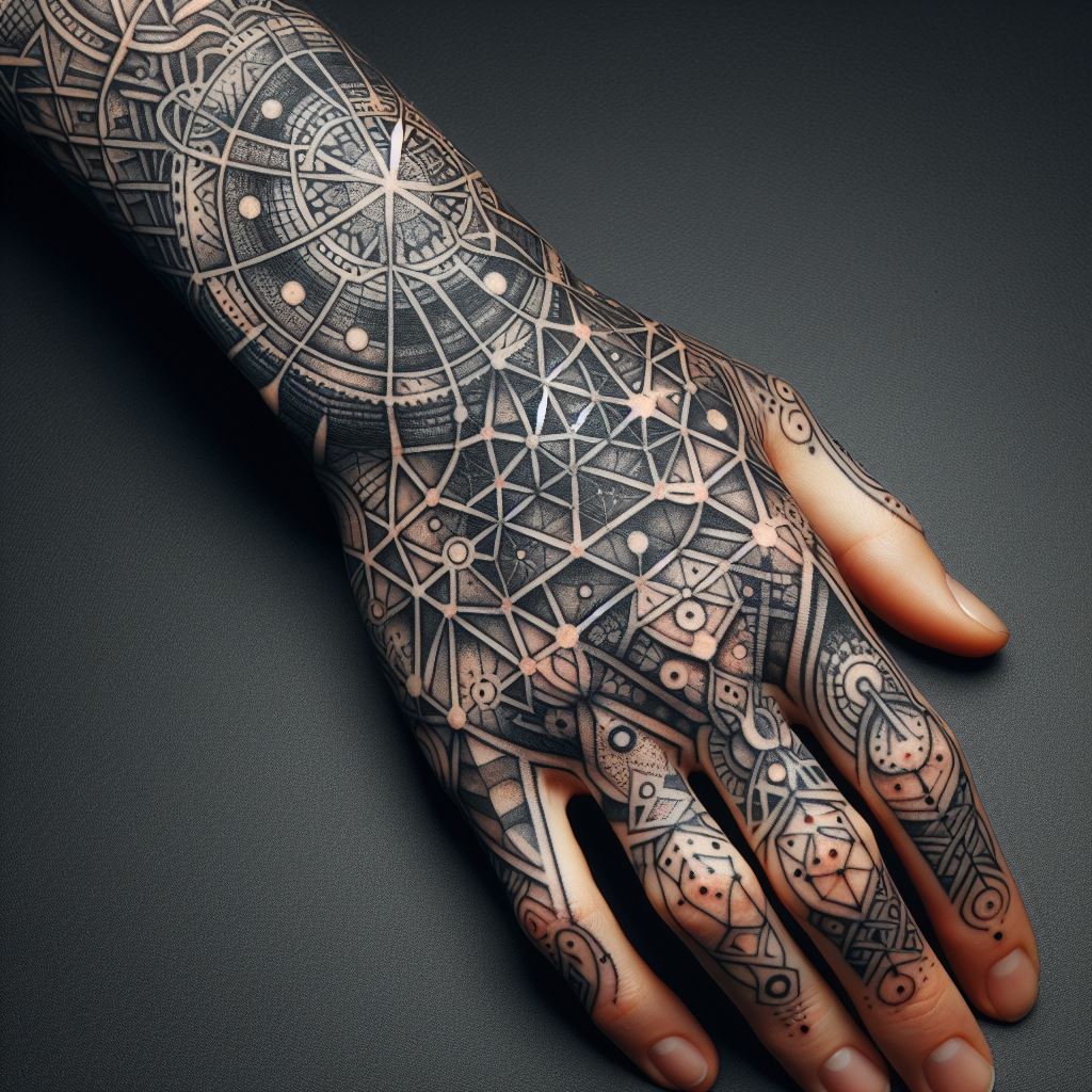 An intricate geometric tattoo covering the back of the hand, with interconnected shapes and dots in a mandala pattern.