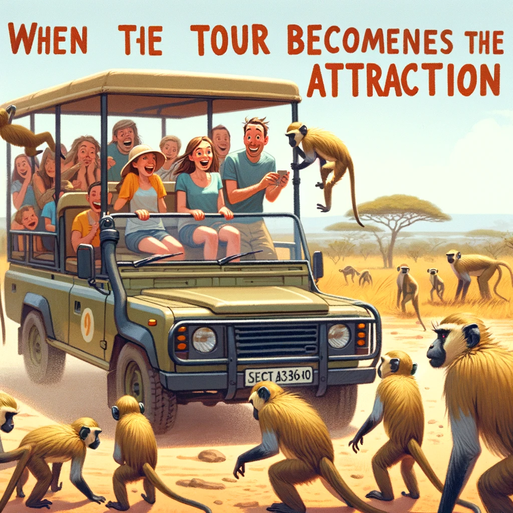 A family on a safari tour in an open vehicle, excited to see wildlife, but they are surrounded by a group of curious monkeys examining the vehicle. The savannah landscape stretches in the background. The caption reads, "When the tour becomes the attraction."