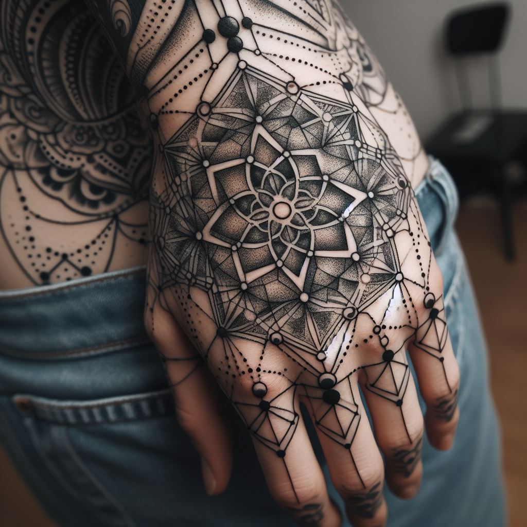 An intricate geometric tattoo covering the back of the hand, with interconnected shapes and dots in a mandala pattern.