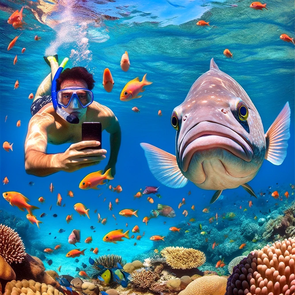A person snorkeling in clear blue waters, looking at colorful fish, but a large, curious fish is photobombing the underwater selfie. The coral reef is vibrant in the background. The caption reads, "Underwater selfies: Expectation vs. Reality."