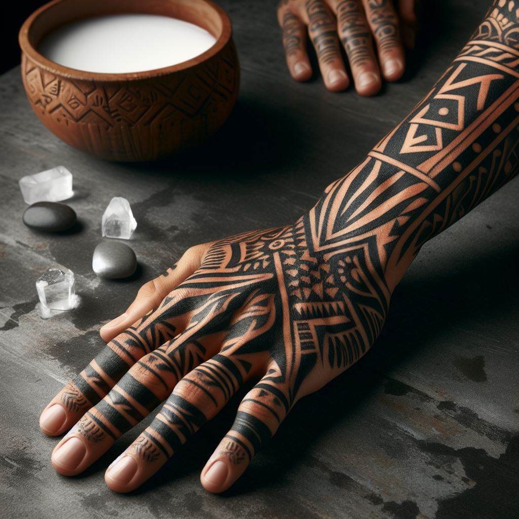 A bold tribal tattoo stretching from the fingers to the forearm, showcasing traditional patterns and symbols.