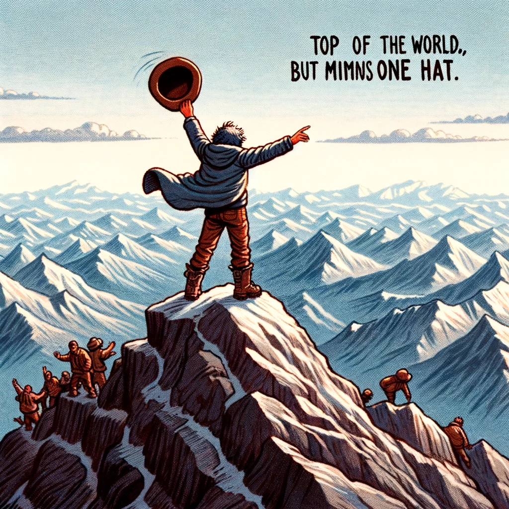 A hiker reaching the summit of a mountain, ready to celebrate, but their hat is blown away by the wind. The panoramic view of the mountain range is in the background. The caption reads, "Top of the world, but minus one hat."