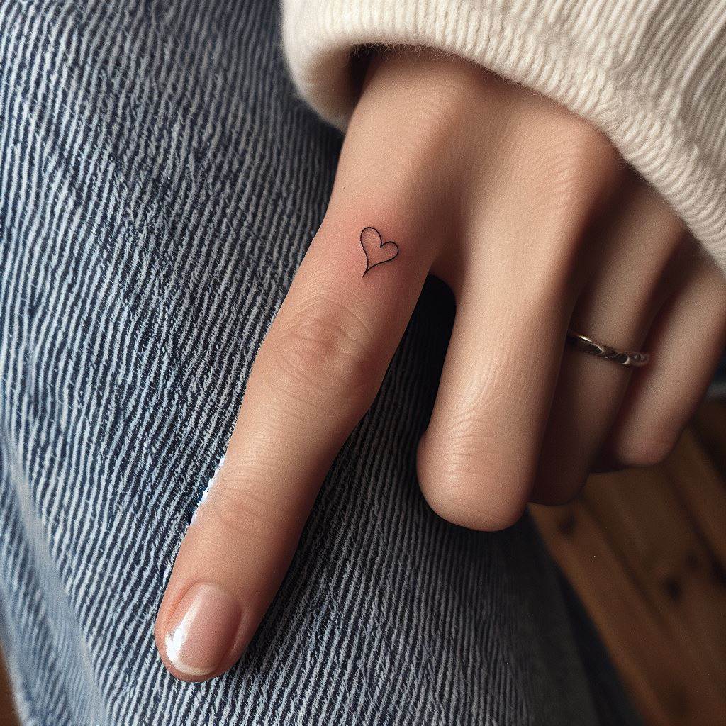 A minimalist tattoo on the finger, depicting a tiny heart symbol with clean, simple lines.