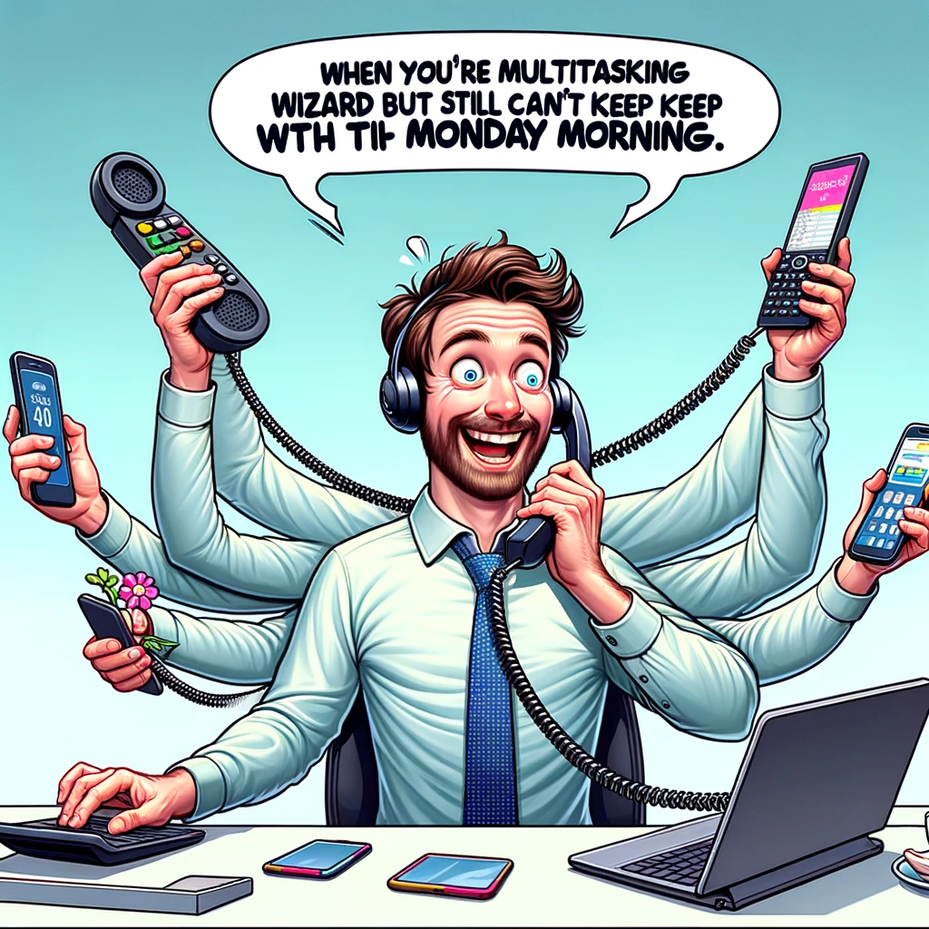 A humorous scene showing a call center employee multitasking with multiple phones, one in each hand and another with a shoulder, visibly stressed but smiling. The caption says, "When you're a multitasking wizard but still can't keep up with Monday mornings."