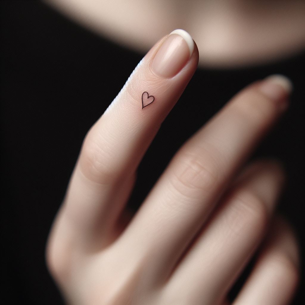 A minimalist tattoo on the finger, depicting a tiny heart symbol with clean, simple lines.