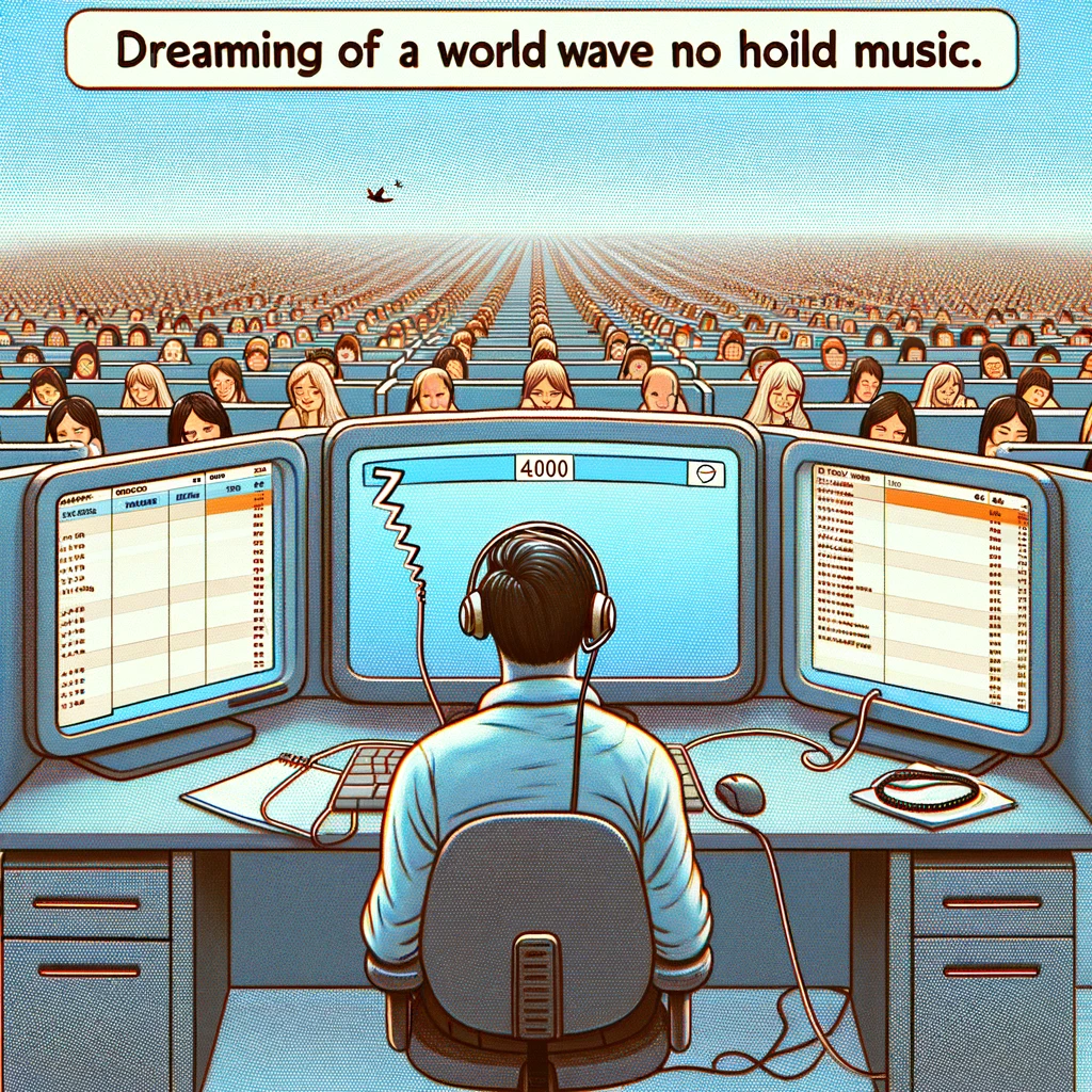 An image depicting a call center employee sleeping at their desk with a headset on. The screen in front of them shows an endless queue of calls waiting. The caption says, "Dreaming of a world with no hold music."