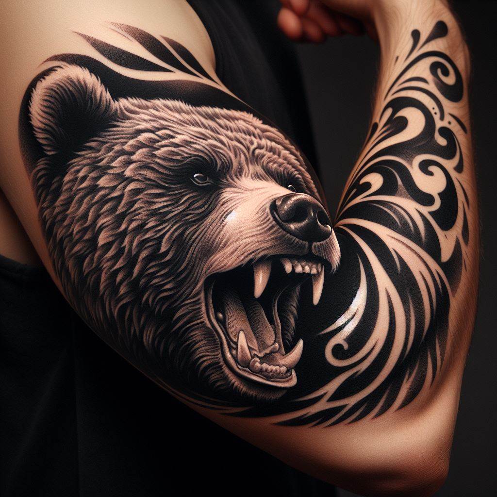 A tattoo that incorporates the natural curve of the elbow to feature a bear's face, with its mouth open in a roar. This dynamic design uses the unique contours of the elbow to enhance the bear's expression, symbolizing power and the unleashing of one's inner strength. The tattoo is bold and detailed, with the bear's fur texture and facial features meticulously rendered to create a lifelike appearance.