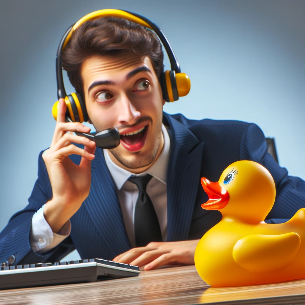 A playful image showing a call center agent with headphones, talking to a rubber duck on the desk. The caption reads, "Expert level troubleshooting."