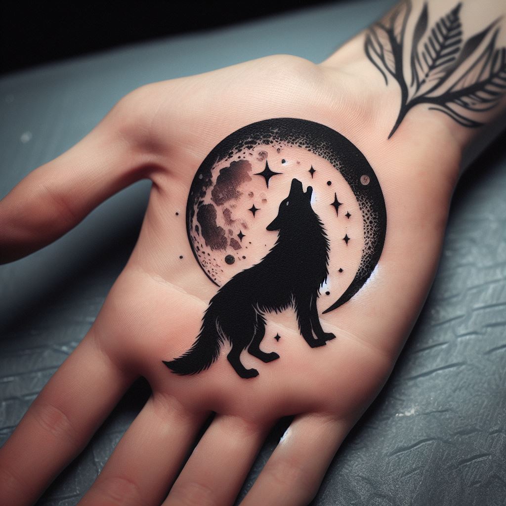 An animal silhouette tattoo on the side of the palm, featuring the outline of a wolf howling at the moon.