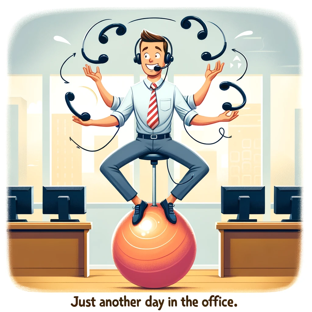 Illustration of a call center worker juggling headsets while standing on a balance ball. The caption humorously states, "Just another day at the office."