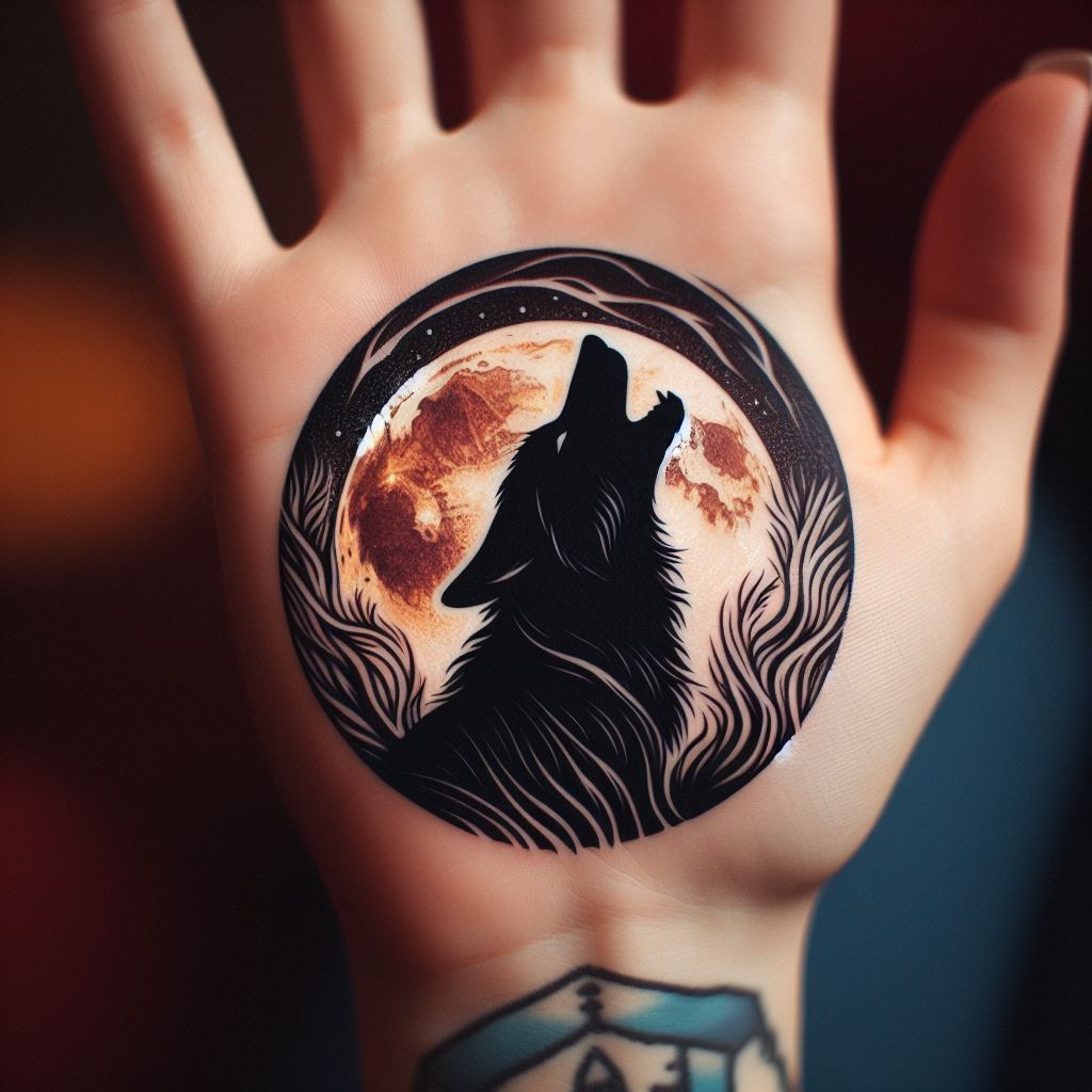 An animal silhouette tattoo on the side of the palm, featuring the outline of a wolf howling at the moon.