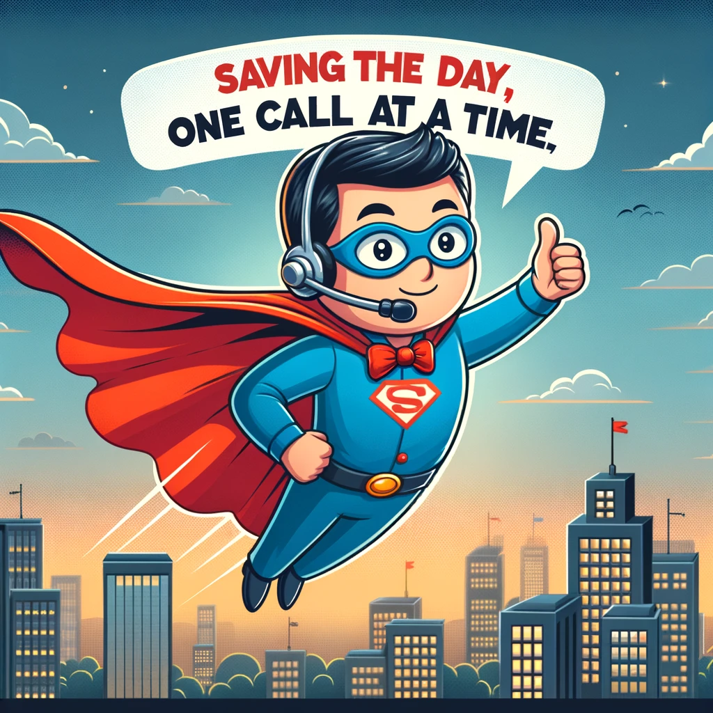 A cartoon of a call center agent with a superhero cape, flying over a cityscape with a headset on. The caption says, "Saving the day, one call at a time."