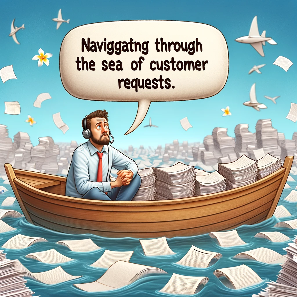A funny depiction of a call center agent sitting in a boat in the middle of an ocean of paperwork, looking lost. The caption reads, "Navigating through the sea of customer requests."