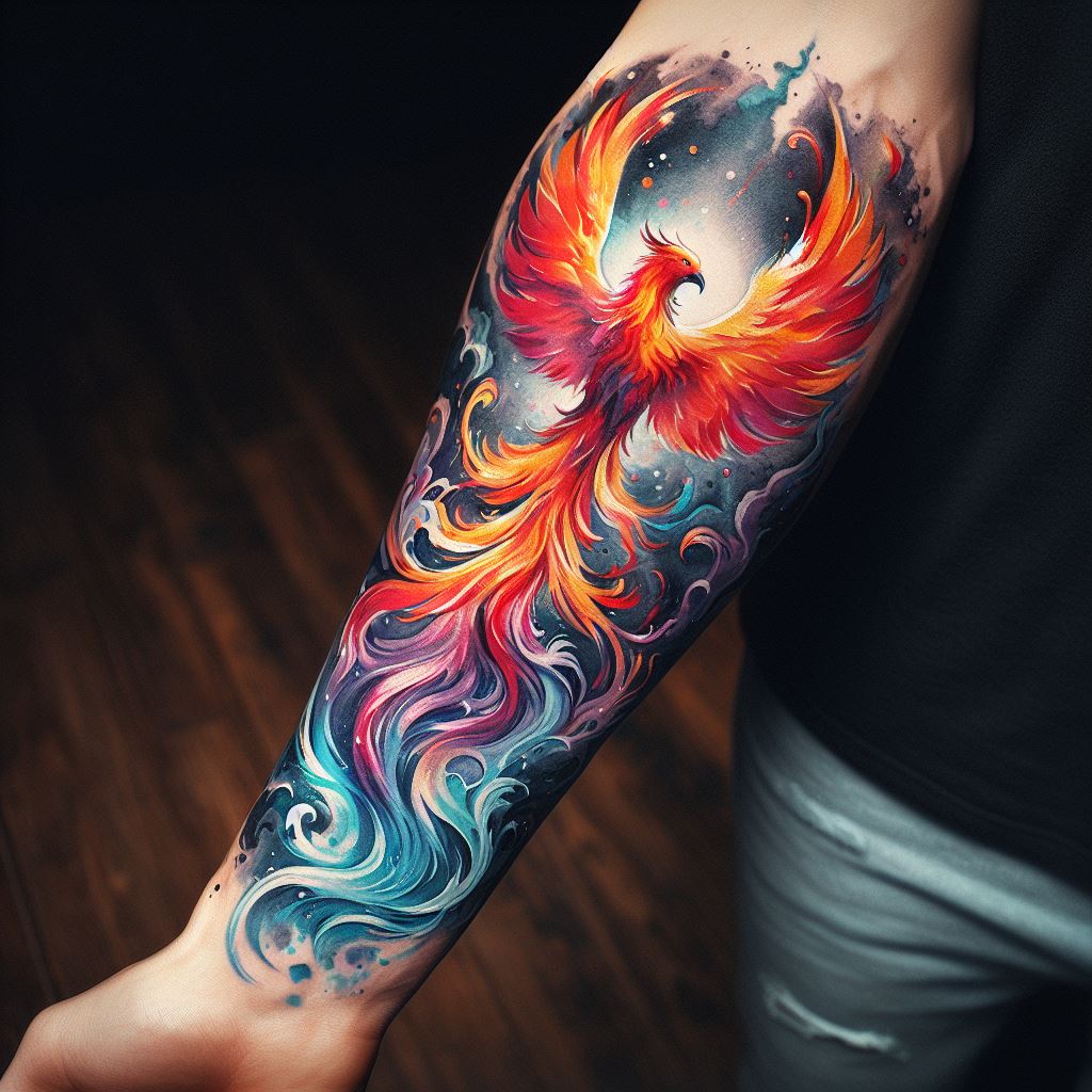 A watercolor tattoo on the forearm, blending vibrant colors into the shape of a phoenix rising from flames.