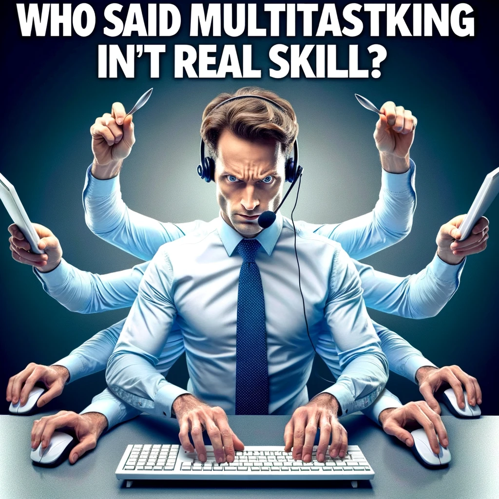 An image of a call center agent with three arms, each typing on a different keyboard, with a look of intense concentration. The caption quips, "Who said multitasking isn't a real skill?"