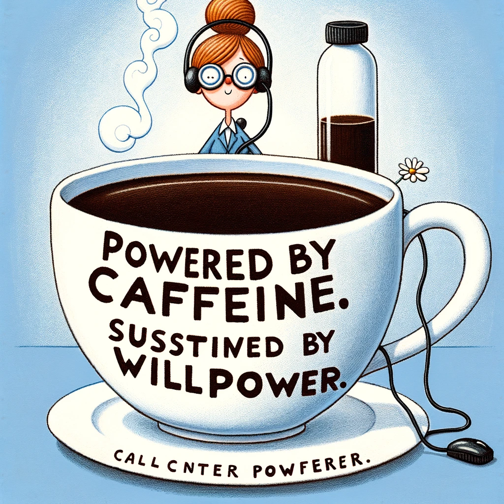 A whimsical illustration of a call center agent with an enormous coffee cup, barely visible behind it. The caption humorously states, "Powered by caffeine, sustained by willpower."
