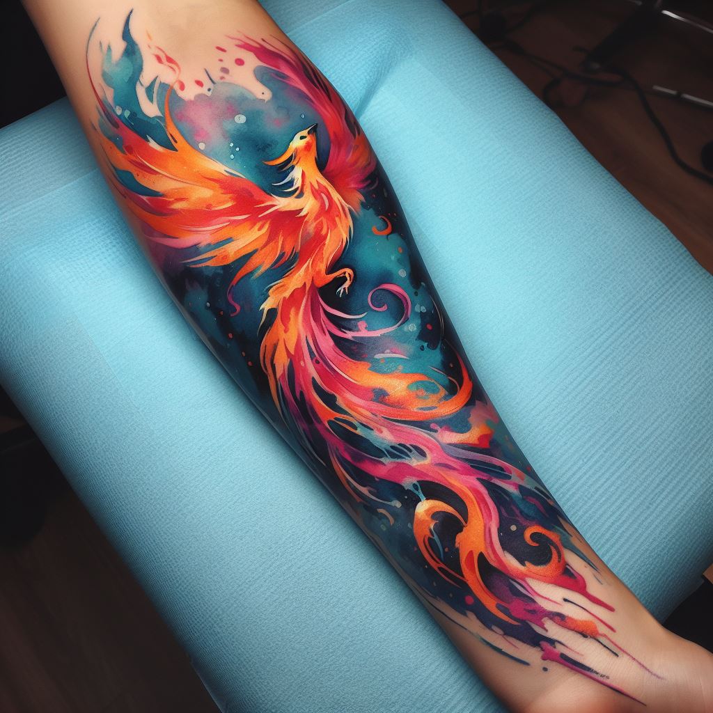 A watercolor tattoo on the forearm, blending vibrant colors into the shape of a phoenix rising from flames.