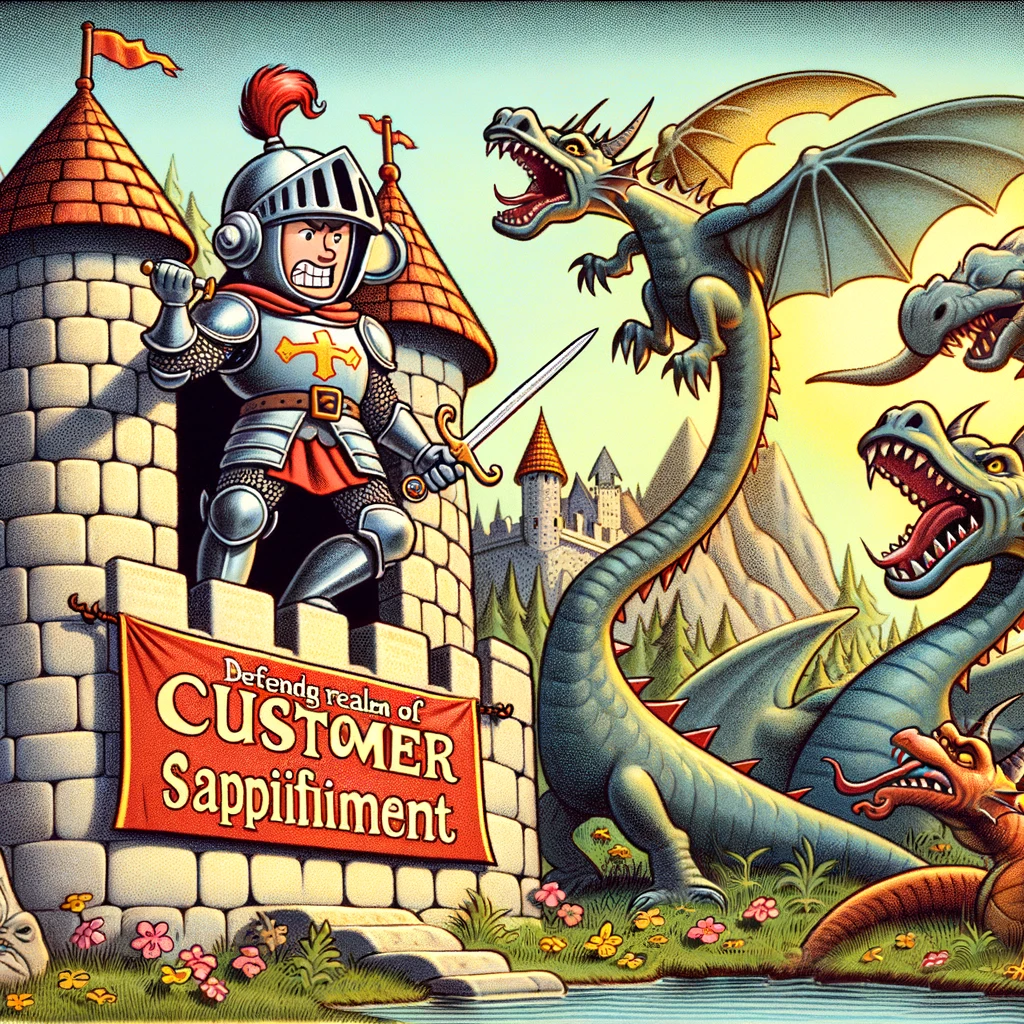 An amusing scene where a call center agent is depicted as a knight in armor, defending a castle labeled "Customer Satisfaction" from dragons labeled "Complaints". The caption reads, "Defending the realm of customer service."