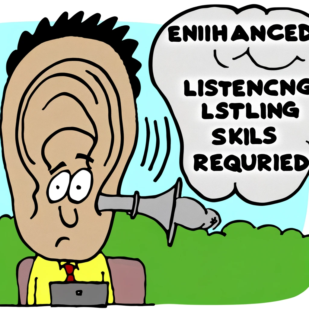 A cartoon showing a call center employee with a giant ear, listening to multiple customers at once, with a bewildered expression. The caption reads, "Enhanced listening skills required."