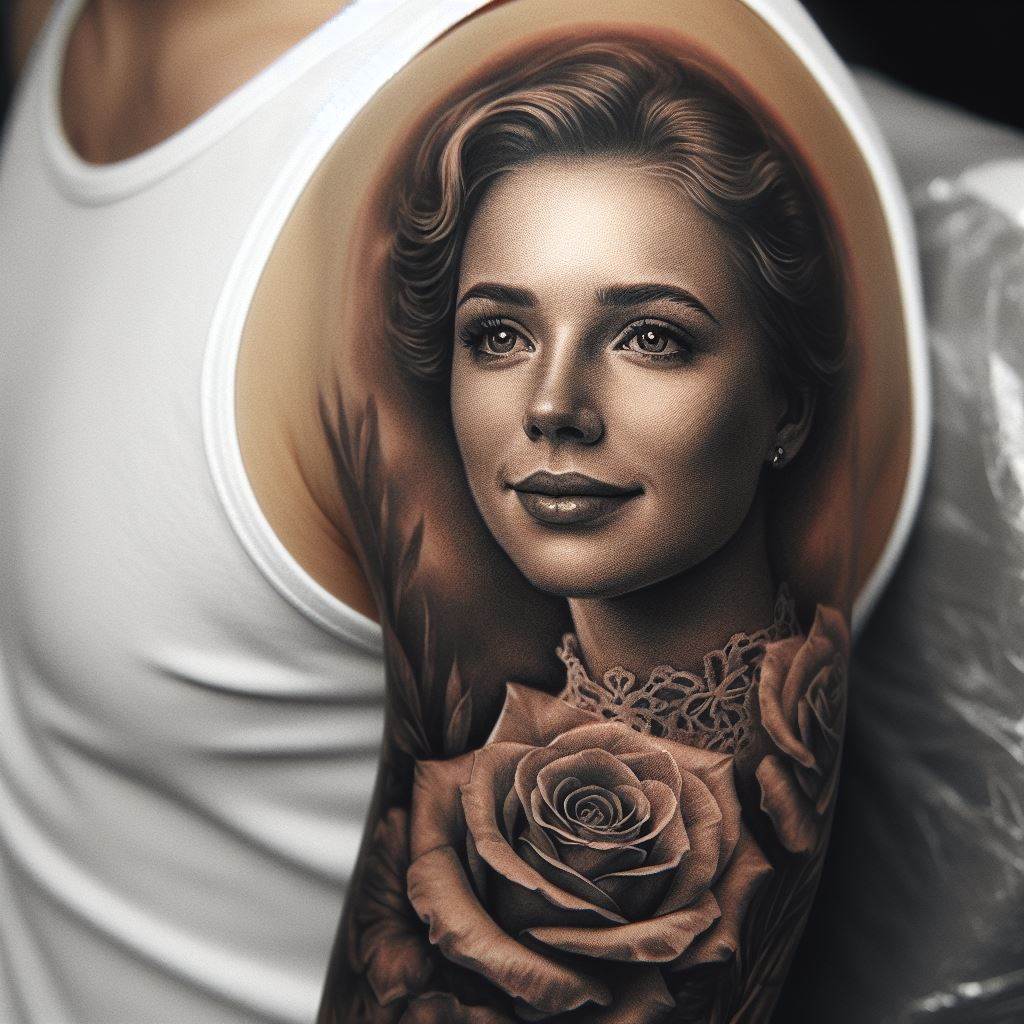 A detailed portrait tattoo on the upper arm, capturing the lifelike image of a loved one with precise shading and contours.