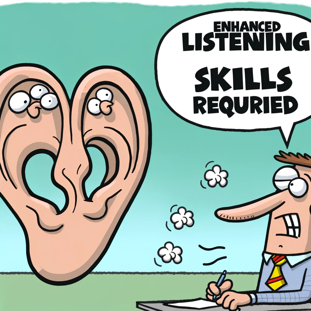 A cartoon showing a call center employee with a giant ear, listening to multiple customers at once, with a bewildered expression. The caption reads, "Enhanced listening skills required."