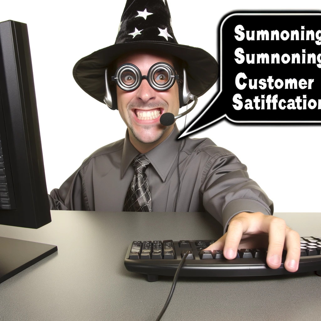 A funny image of a call center worker wearing a wizard hat, casting spells on the computer and headset. The caption humorously declares, "Summoning customer satisfaction."