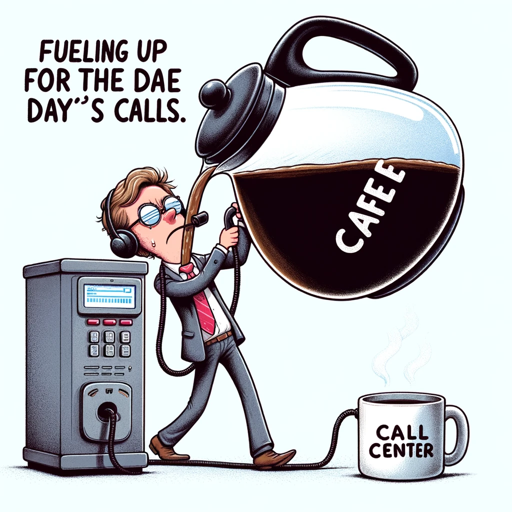 A humorous illustration of a call center agent with a giant coffee pot pouring into an equally giant mug, with a tired but determined look. The caption says, "Fueling up for the day's calls."