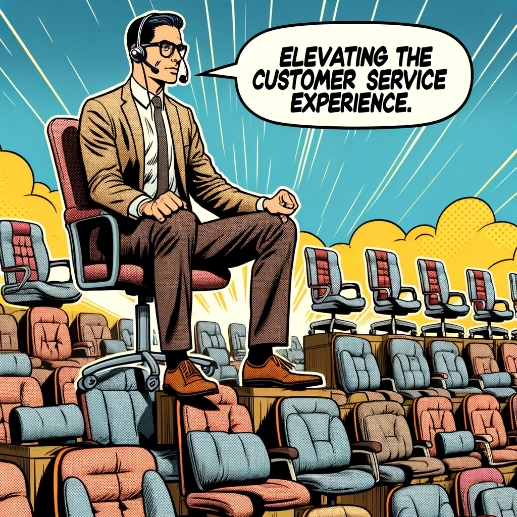 A comic scene of a call center agent sitting atop a mountain of chairs instead of a traditional desk, speaking into a headset. The caption reads, "Elevating the customer service experience."