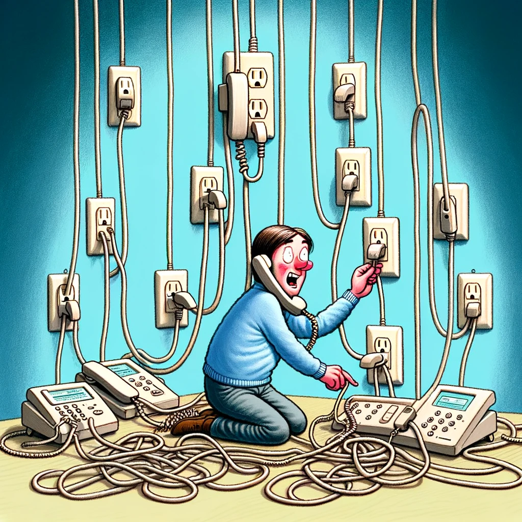 An amusing depiction of a call center worker trying to plug in multiple phones into a single outlet, surrounded by a tangle of cords. The caption jokes, "Mastering the art of connection."