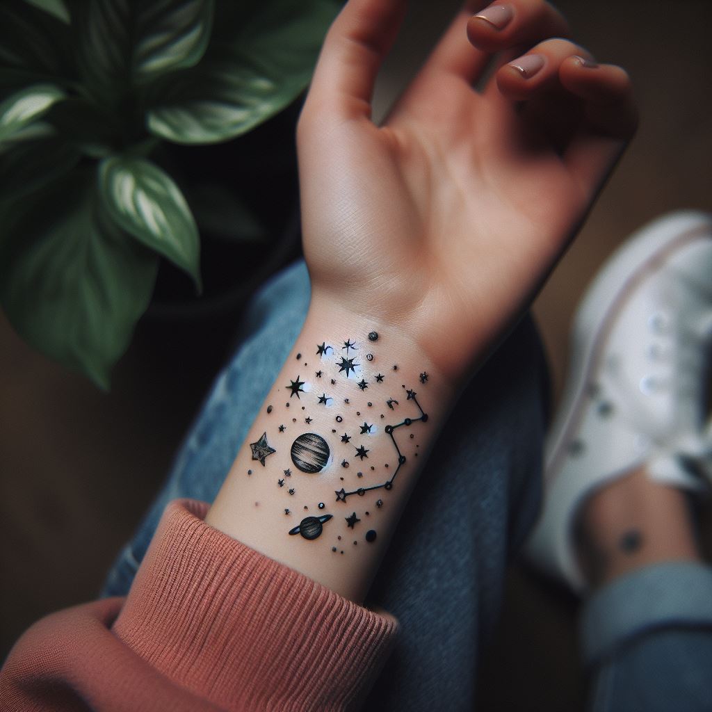 A cosmic tattoo on the inner wrist, including stars, planets, and constellations in a small, whimsical design.
