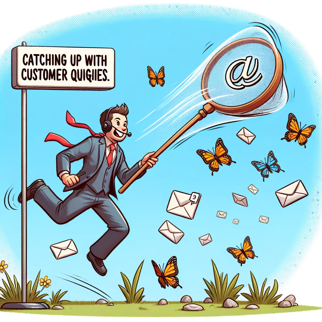 A lighthearted illustration showing a call center agent trying to catch flying emails and chat messages with a butterfly net. The caption says, "Catching up on customer queries."