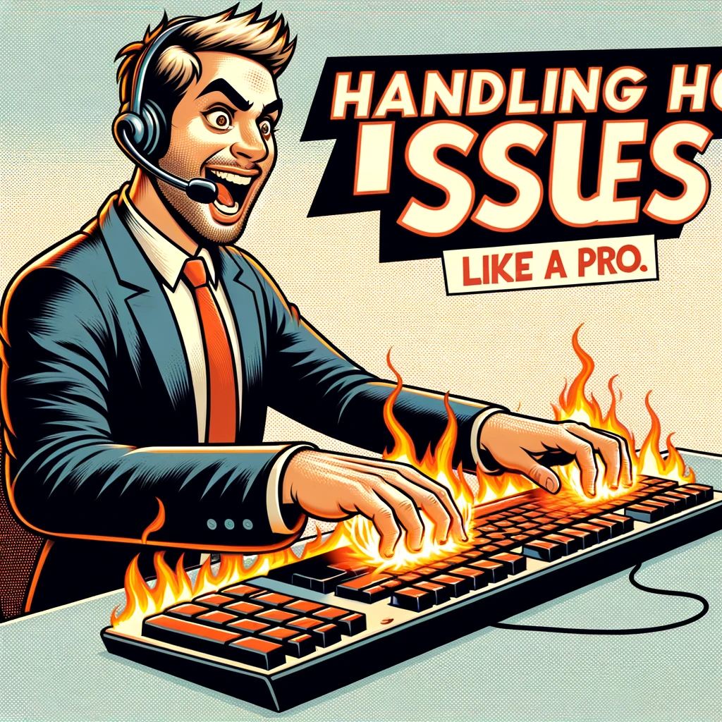 A playful image of a call center agent typing furiously on a keyboard that's on fire, with a determined expression. The caption reads, "Handling hot issues like a pro."