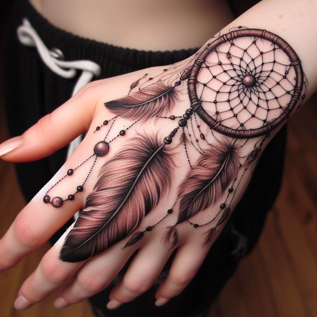 A whimsical dreamcatcher tattoo on the side of the hand, featuring delicate feathers and beads hanging from a woven net.