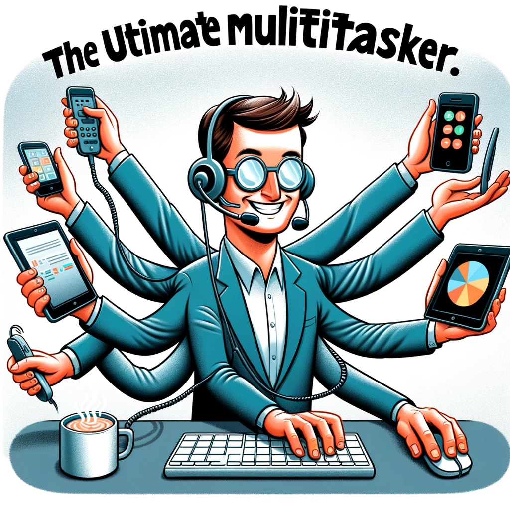 An illustration of a call center agent with multiple arms, each holding a different communication device (phone, tablet, computer mouse). The caption playfully states, "The ultimate multitasker."