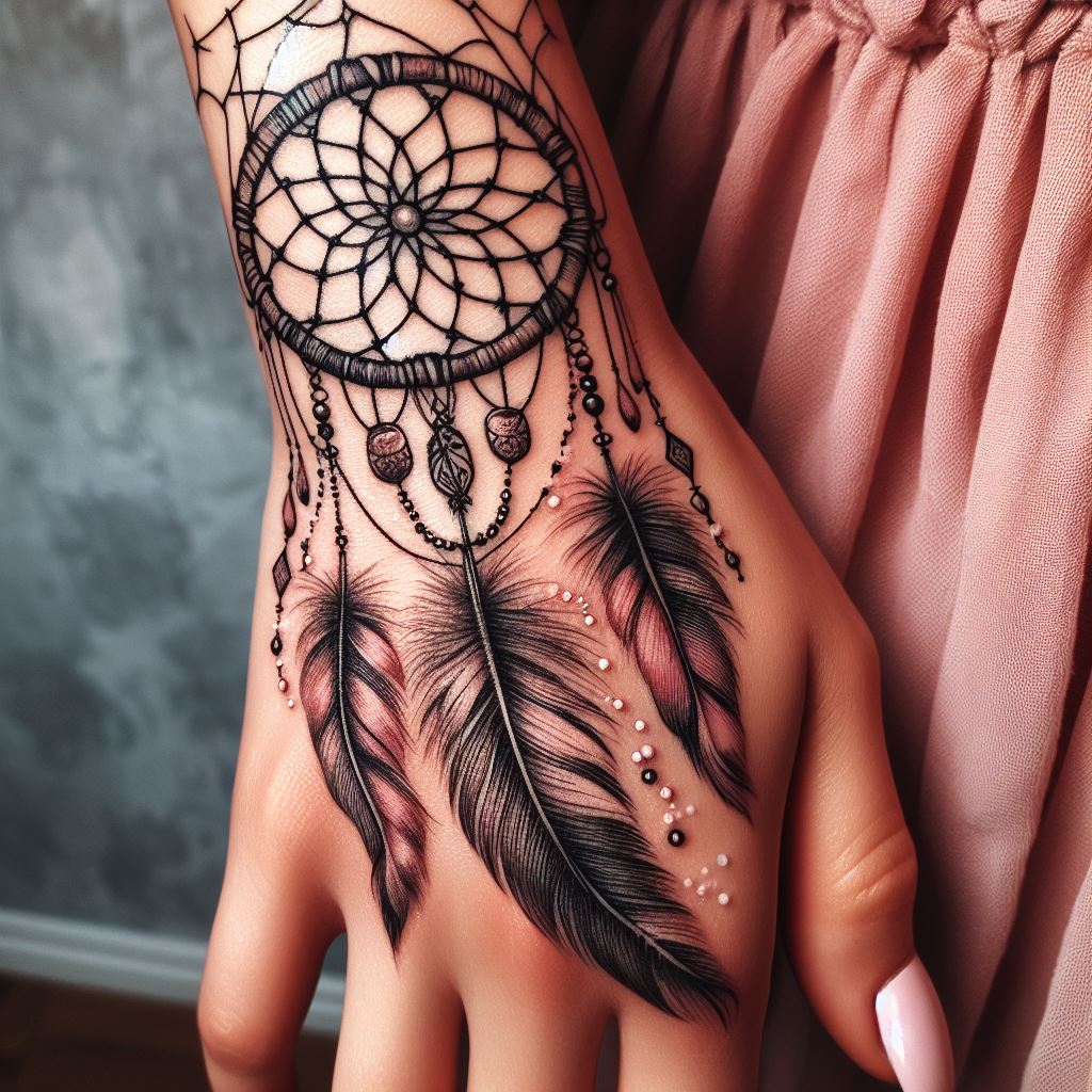 A whimsical dreamcatcher tattoo on the side of the hand, featuring delicate feathers and beads hanging from a woven net.