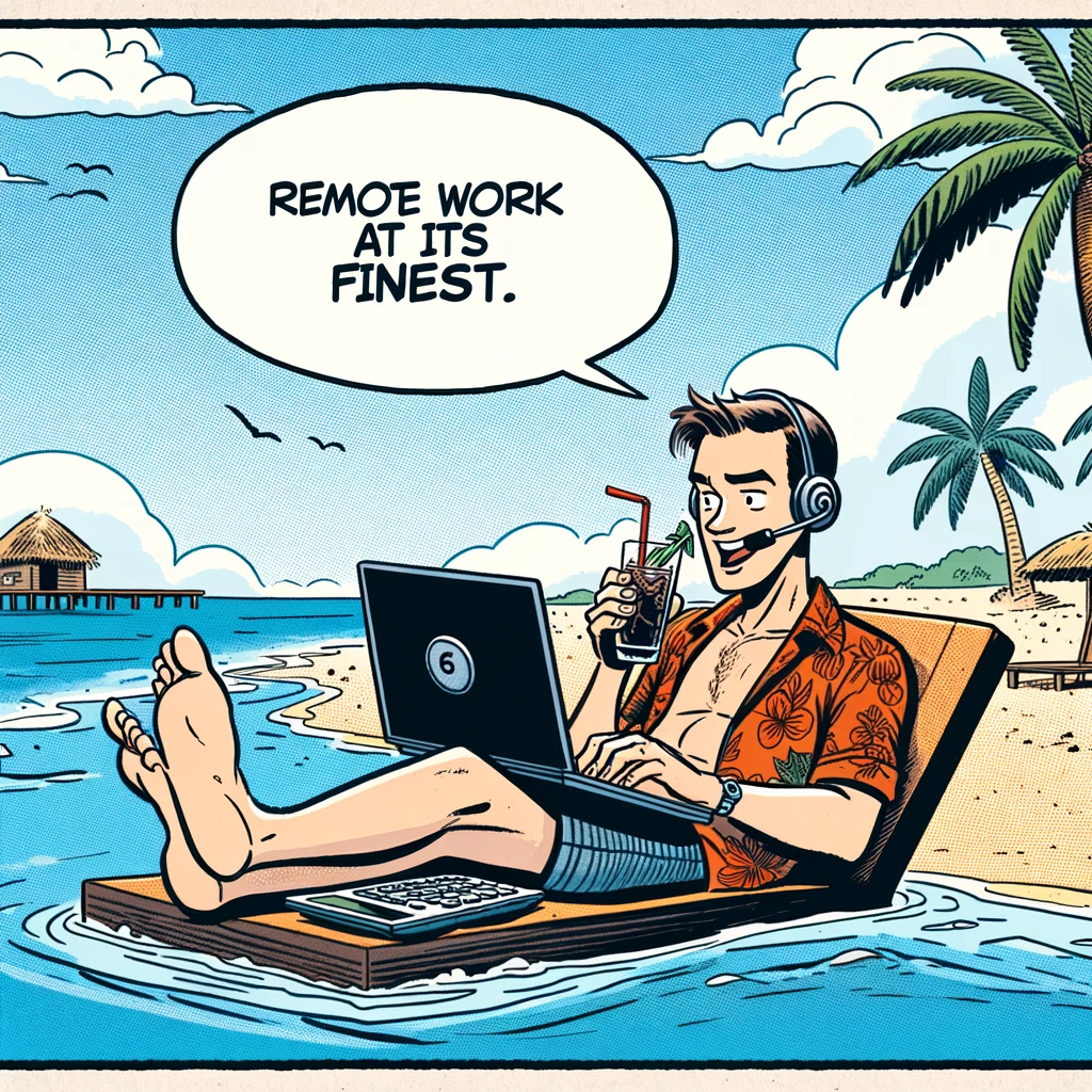 A comic strip scene of a call center agent working from a tropical beach, laptop on their lap, sipping a drink. The caption jests, "Remote work at its finest."