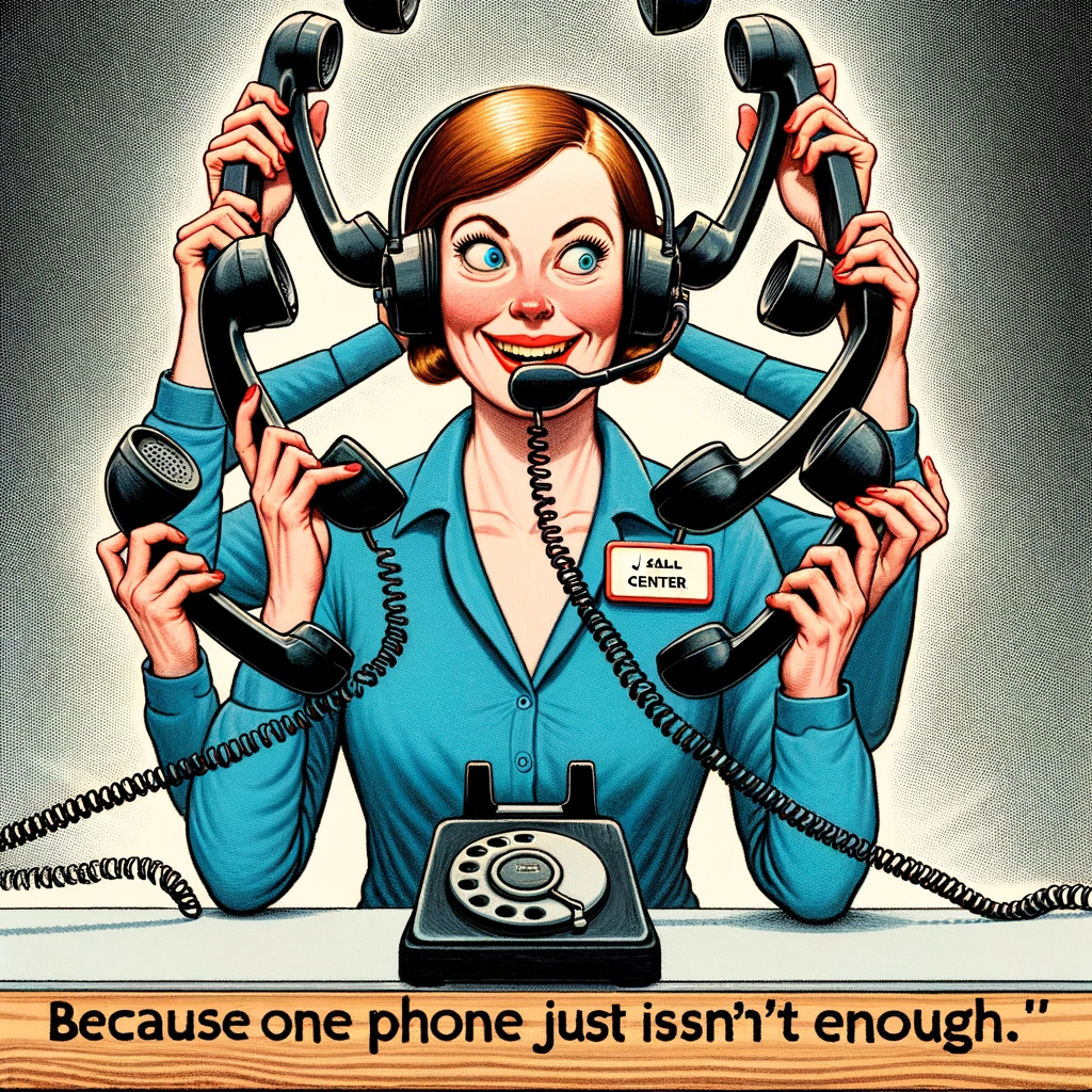 A satirical illustration of a call center agent speaking into two phones at once, with another phone ringing off to the side. The caption reads, "Because one phone just isn't enough."
