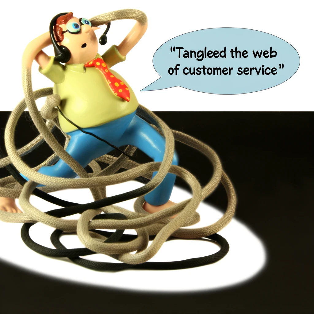 A whimsical scene of a call center agent with a tangled headset cord, struggling to free themselves. The caption jokes, "Tangled in the web of customer service."