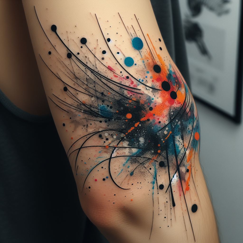 An abstract tattoo on the elbow, combining splashes of color with black ink lines for a unique, modern art piece.